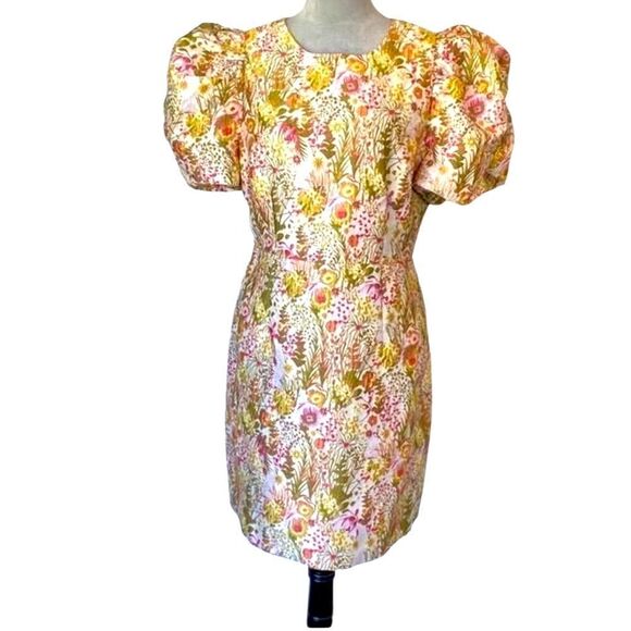 Clover and Sloane Pink Green Floral Print Jacquard Puff Sleeve Sheath Mini Dress - Picture 3 of 16